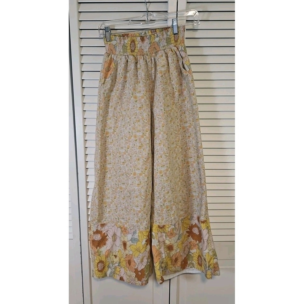 American Eagle Floral Wide Leg Cropped Pants Women Sm Smocked Waist Linen Blend - Picture 2 of 5